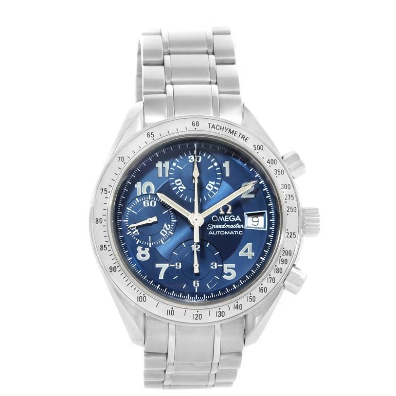 The Omega Speedmaster 3513.82.00 Men
s Stainless Steel Blue Dial 3513.82.00 Men
s Stainless Steel Blue Dial watch is shown from a front angle, displaying its face, tachymeter bezel, and stainless steel bracelet.