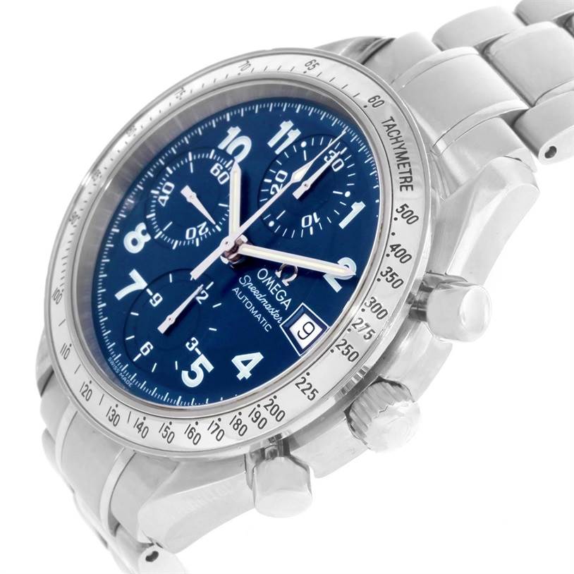 The Omega Speedmaster 3513.82.00 Men
s Stainless Steel Blue Dial 3513.82.00 Men
s Stainless Steel Blue Dial watch is shown from a front angle, highlighting its blue dial, chronograph subdials, and stainless steel bracelet.