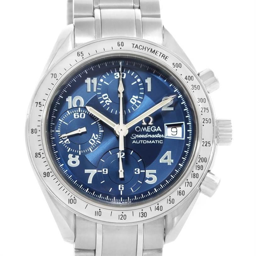 The image shows a front view of an Omega Speedmaster 3513.82.00 Men
s Stainless Steel Blue Dial 3513.82.00 Men
s Stainless Steel Blue Dial watch, highlighting its blue dial, chronograph subdials, and metal bracelet.