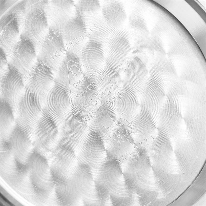 The image shows the inside case back of an Omega Speedmaster 3560.50.00 Men
s Stainless Steel Black Dial 3560.50.00 Men
s Stainless Steel Black Dial watch, highlighting inscriptions and markings.