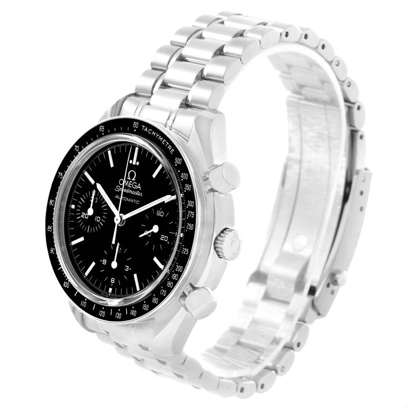 This image shows the Omega Speedmaster 3539.50.00 Men
s Stainless Steel Black Dial 3539.50.00 Men
s Stainless Steel Black Dial watch at an angle with a clear view of the face, crown, pushers, and metal bracelet.