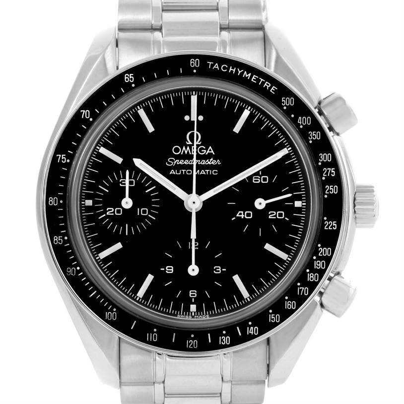 This image shows a front view of the Omega Speedmaster 3539.50.00 Men
s Stainless Steel Black Dial 3539.50.00 Men
s Stainless Steel Black Dial watch, highlighting the dial, tachymetre bezel, and chronograph sub-dials.