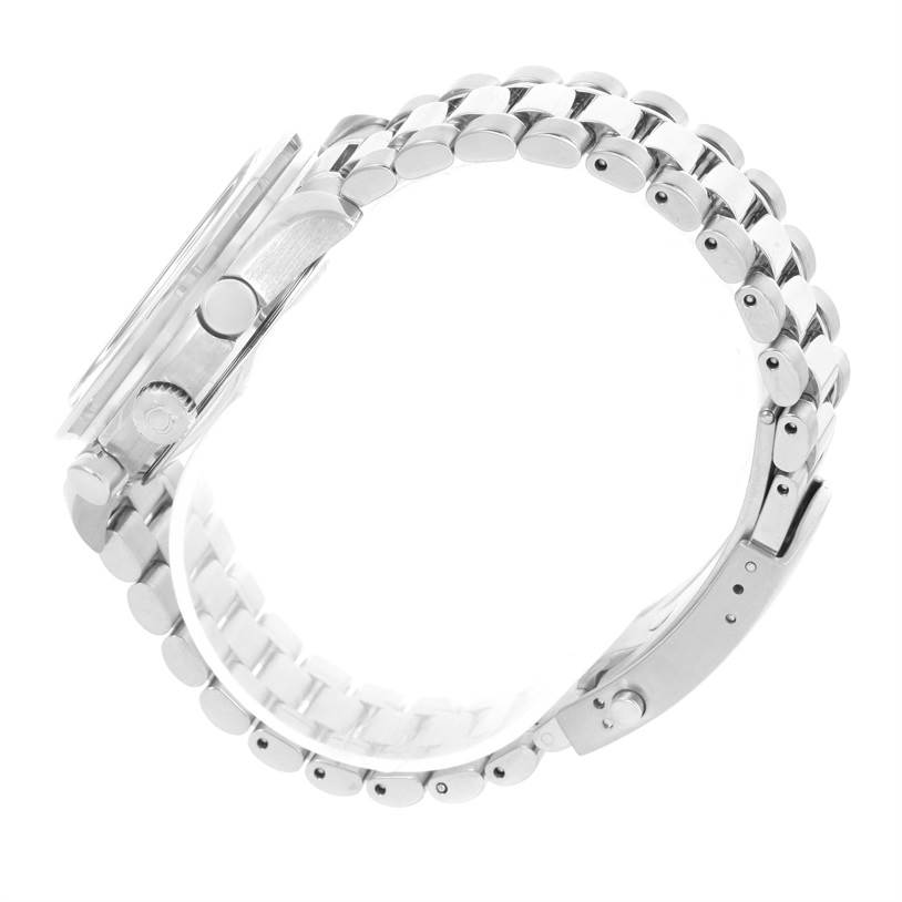 The image shows a side view of the Omega Speedmaster 3539.50.00 Men
s Stainless Steel Black Dial 3539.50.00 Men
s Stainless Steel Black Dial watch, highlighting the crown, pushers, and metal bracelet.