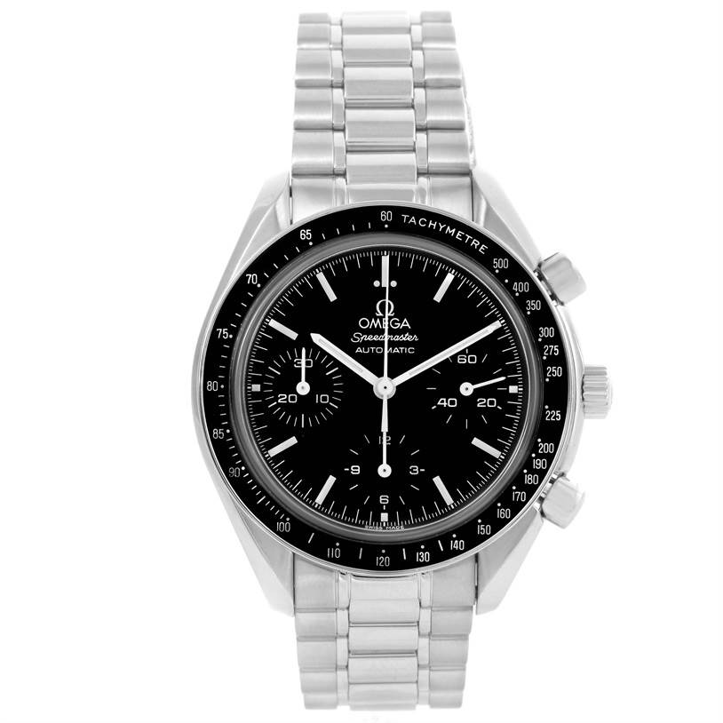 This image shows a front view of the Omega Speedmaster 3539.50.00 Men
s Stainless Steel Black Dial 3539.50.00 Men
s Stainless Steel Black Dial watch, highlighting its black dial, tachymeter bezel, and metal bracelet.