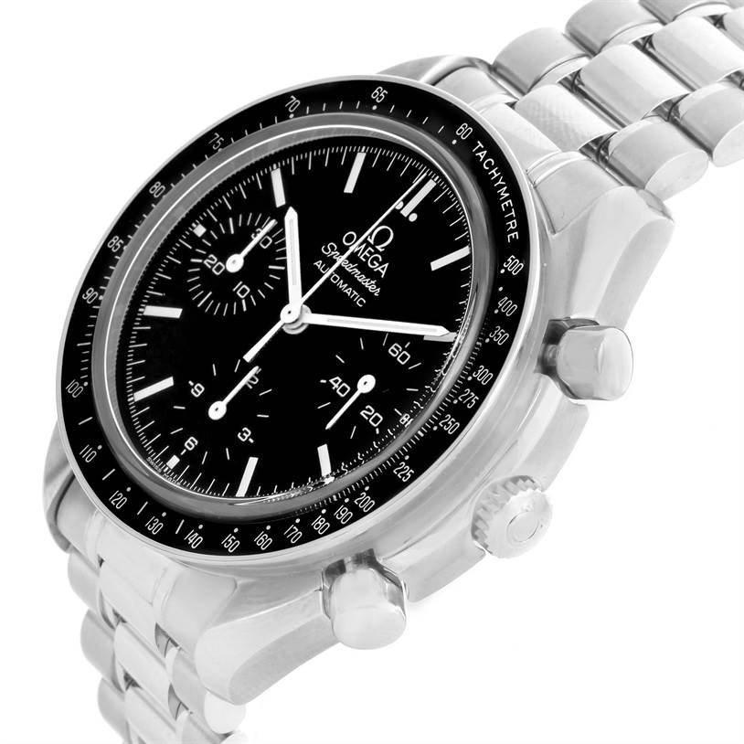 The Omega Speedmaster 3539.50.00 Men
s Stainless Steel Black Dial 3539.50.00 Men
s Stainless Steel Black Dial watch is shown at an angled close-up, highlighting the face, bezel, pushers, and stainless steel bracelet.