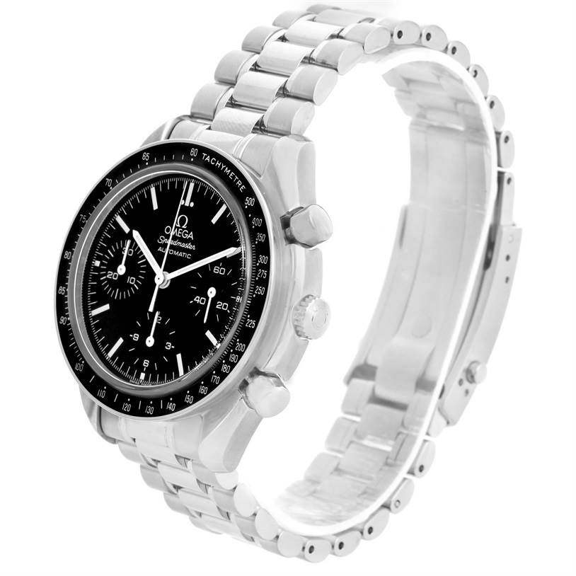 The Omega Speedmaster 3539.50.00 Men
s Stainless Steel Black Dial 3539.50.00 Men
s Stainless Steel Black Dial watch is shown at a front angle highlighting its black dial, chronograph, and stainless steel bracelet.