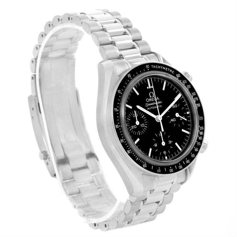 This image shows an angled view of an Omega Speedmaster 3539.50.00 Men
s Stainless Steel Black Dial 3539.50.00 Men
s Stainless Steel Black Dial watch, showcasing the face, bezel, and stainless steel bracelet.