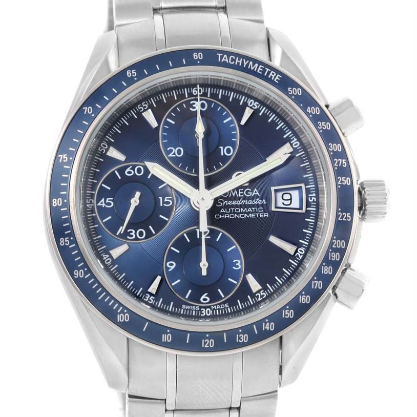 The image shows a front view of the Omega Speedmaster 3212.80.00 Men
s Stainless Steel Blue Dial 3212.80.00 Men
s Stainless Steel Blue Dial watch, featuring a blue dial, tachymeter, chronograph sub-dials, and a date display.