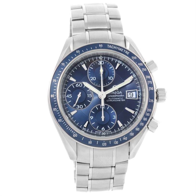 The image shows an Omega Speedmaster 3212.80.00 Men
s Stainless Steel Blue Dial 3212.80.00 Men
s Stainless Steel Blue Dial watch from a top-down angle, displaying its face, subdials, tachymeter bezel, and stainless steel bracelet.