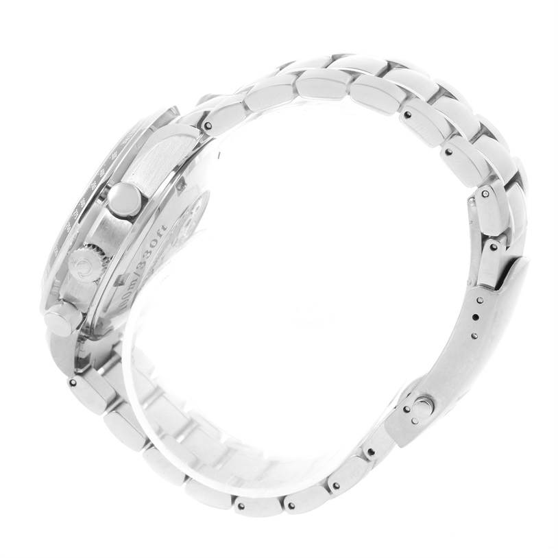 The image shows a side view of an Omega Speedmaster 3212.80.00 Men
s Stainless Steel Blue Dial 3212.80.00 Men
s Stainless Steel Blue Dial watch, highlighting the bracelet, clasp, and side of the case with the crown and pushers.