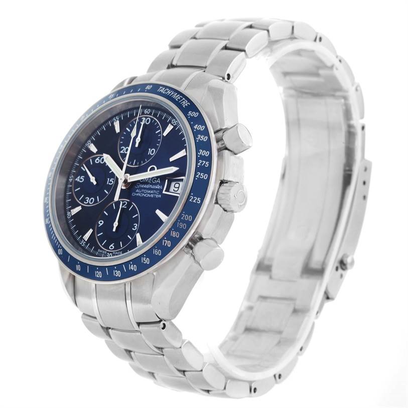 The image shows an angled view of an Omega Speedmaster 3212.80.00 Men
s Stainless Steel Blue Dial 3212.80.00 Men
s Stainless Steel Blue Dial, displaying its face, side buttons, and metal bracelet.
