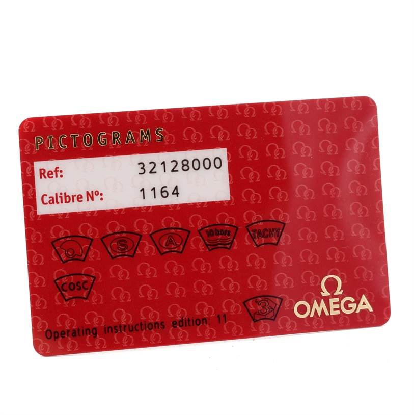 This image shows the identification card for an Omega Speedmaster 3212.80.00 Men
s Stainless Steel Blue Dial 3212.80.00 Men
s Stainless Steel Blue Dial, displaying the reference number and calibre number.