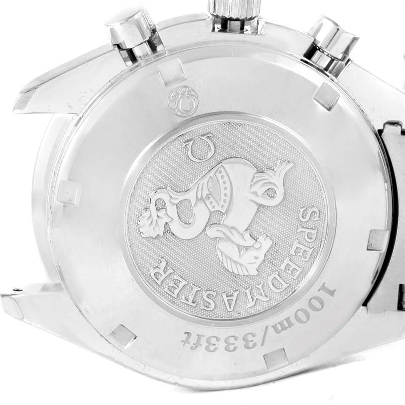 The image shows the back case of an Omega Speedmaster 3212.80.00 Men
s Stainless Steel Blue Dial 3212.80.00 Men
s Stainless Steel Blue Dial watch, displaying its logo, model name, and water resistance.