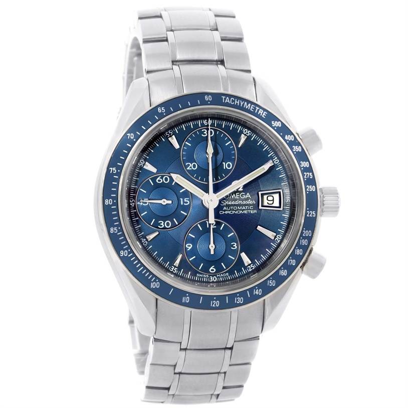The Omega Speedmaster 3212.80.00 Men
s Stainless Steel Blue Dial 3212.80.00 Men
s Stainless Steel Blue Dial watch is shown from a three-quarter angle, displaying the face, bezel, and bracelet.