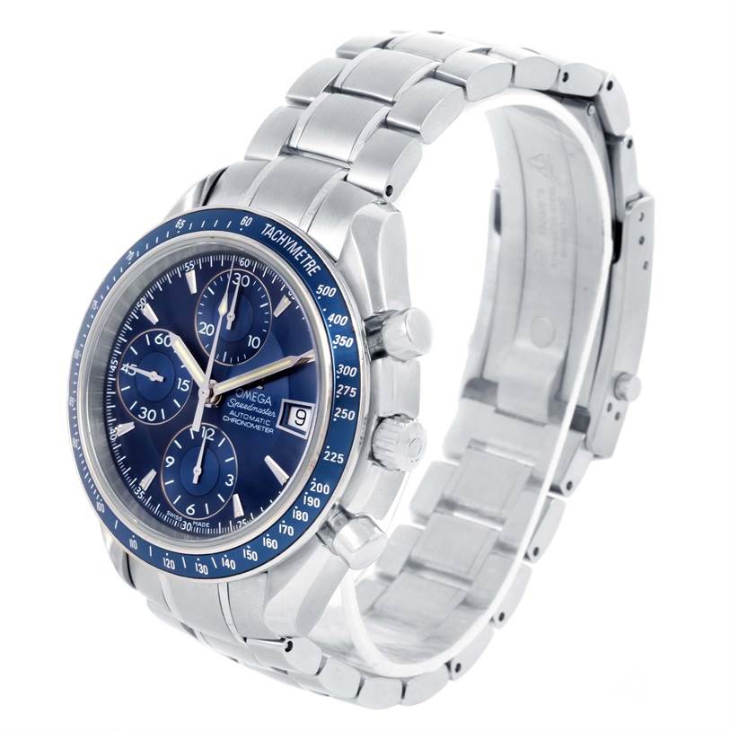 The image shows an Omega Speedmaster 3212.80.00 Men
s Stainless Steel Blue Dial 3212.80.00 Men
s Stainless Steel Blue Dial watch angled from the front, showcasing its blue dial, tachymeter bezel, and stainless steel bracelet.