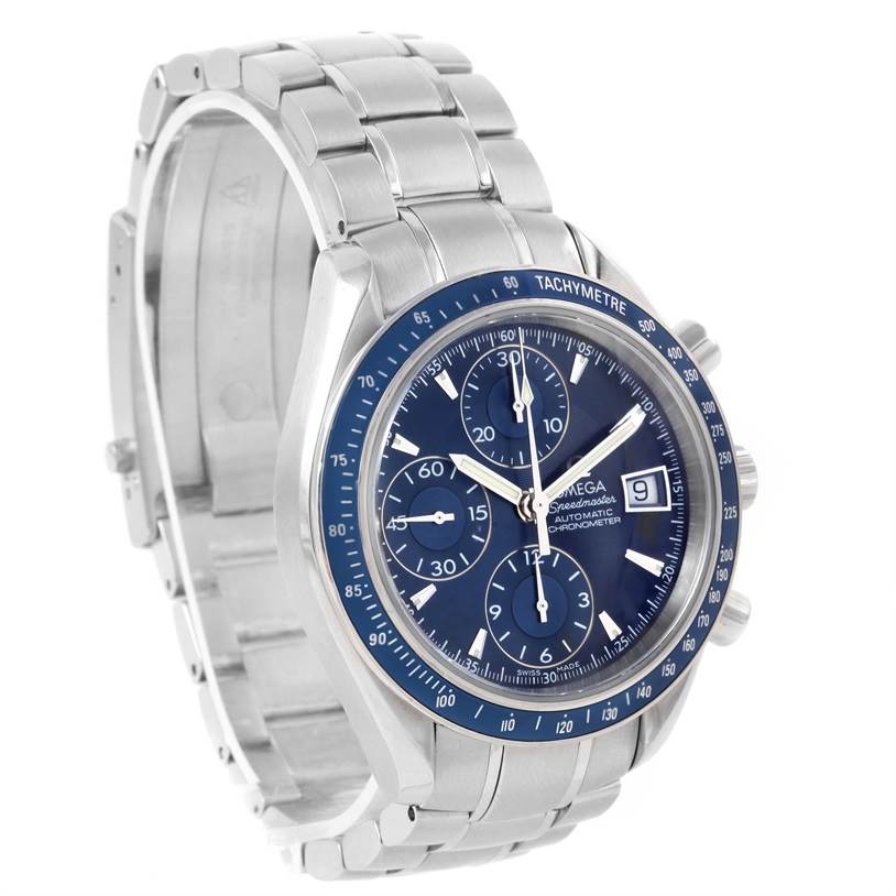 The image shows an Omega Speedmaster 3212.80.00 Men
s Stainless Steel Blue Dial 3212.80.00 Men
s Stainless Steel Blue Dial watch angled to display its face, crown, chronograph dials, and bracelet.