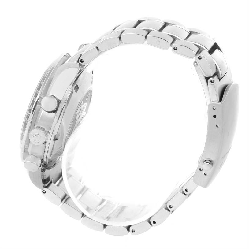 The image shows a side view of the Omega Speedmaster 3212.80.00 Men
s Stainless Steel Blue Dial 3212.80.00 Men
s Stainless Steel Blue Dial watch, highlighting its crown, pushers, and metal bracelet.