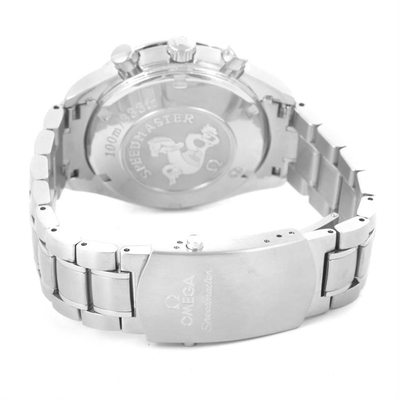 The image shows the back and clasp of an Omega Speedmaster 3212.80.00 Men
s Stainless Steel Blue Dial 3212.80.00 Men
s Stainless Steel Blue Dial watch from a rear angle.