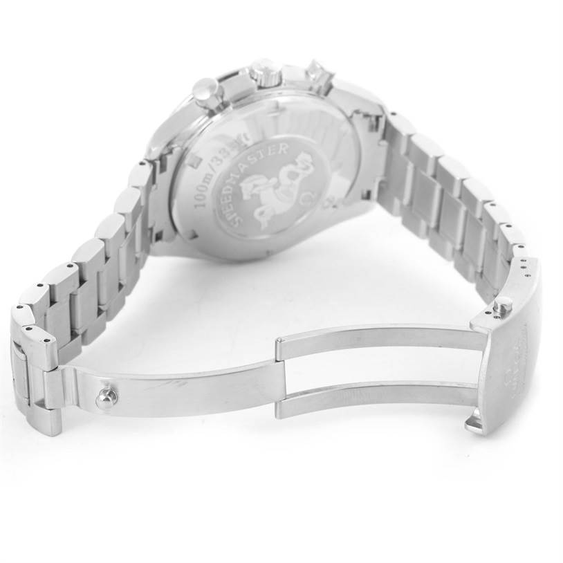 The image shows the back and bracelet of an Omega Speedmaster 3212.80.00 Men
s Stainless Steel Blue Dial 3212.80.00 Men
s Stainless Steel Blue Dial watch, with the clasp open and the back engraved.