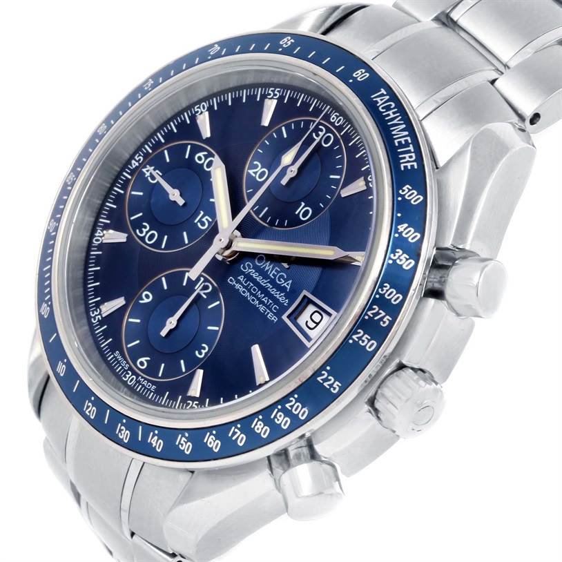 The Omega Speedmaster 3212.80.00 Men
s Stainless Steel Blue Dial 3212.80.00 Men
s Stainless Steel Blue Dial watch is shown at an angle highlighting its blue dial, tachymeter bezel, and stainless steel bracelet.