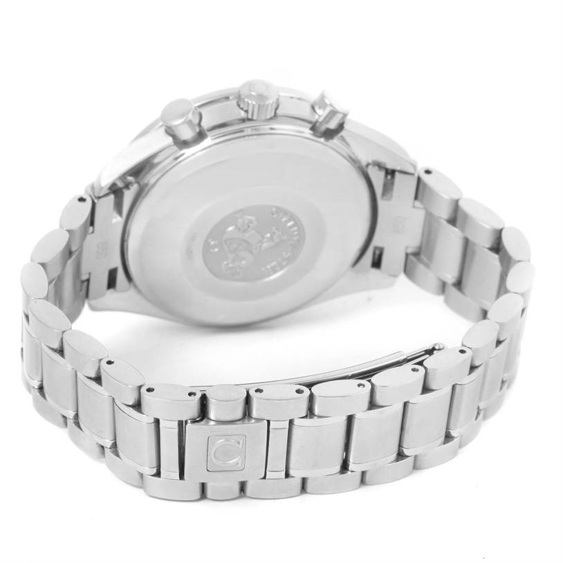 The image shows the back of an Omega Speedmaster 3513.50.00 Men
s Stainless Steel Black Dial 3513.50.00 Men
s Stainless Steel Black Dial watch with focus on its case back, pushers, crown, and metal bracelet.