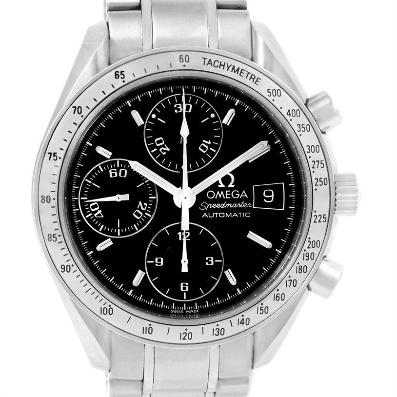 The Omega Speedmaster 3513.50.00 Men
s Stainless Steel Black Dial 3513.50.00 Men
s Stainless Steel Black Dial watch is shown from a front angle, highlighting the dial, bezel, and bracelet.