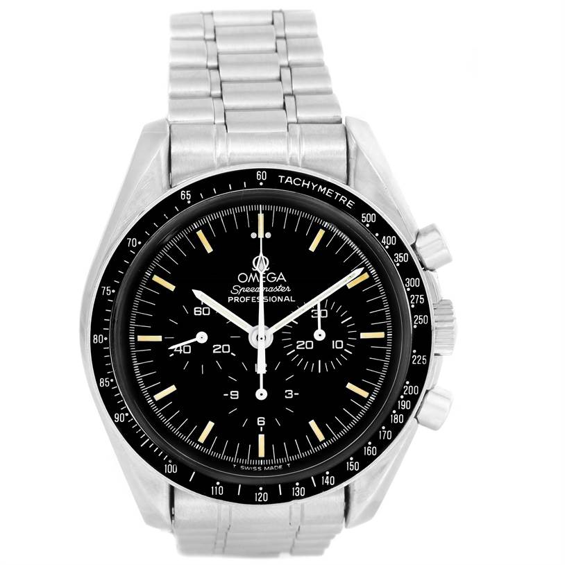 The image shows an Omega Speedmaster 3590.50.00 Men
s Stainless Steel Black Dial 3590.50.00 Men
s Stainless Steel Black Dial watch from the front, highlighting the dial, tachymeter bezel, and stainless steel bracelet.