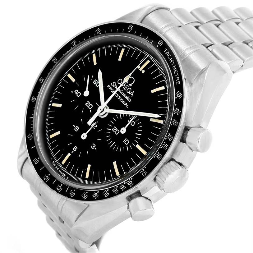 The Omega Speedmaster 3590.50.00 Men
s Stainless Steel Black Dial 3590.50.00 Men
s Stainless Steel Black Dial watch is shown from a slight upper side angle, displaying the face, dial, and part of the bracelet.