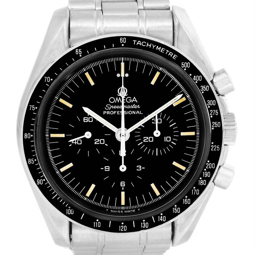 The image shows a front view of the Omega Speedmaster 3590.50.00 Men
s Stainless Steel Black Dial 3590.50.00 Men
s Stainless Steel Black Dial watch, highlighting its dial, hands, tachymeter bezel, and bracelet.