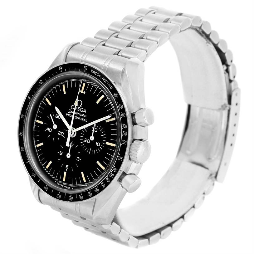 The Omega Speedmaster 3590.50.00 Men
s Stainless Steel Black Dial 3590.50.00 Men
s Stainless Steel Black Dial watch is shown from a three-quarter angle, displaying its face, bezel, crown, pushers, and metal bracelet.
