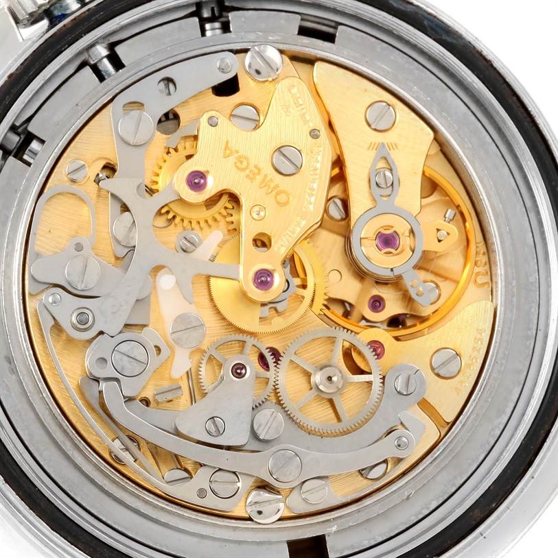 The image shows the intricate inner mechanical components of the Omega Speedmaster 3590.50.00 Men
s Stainless Steel Black Dial 3590.50.00 Men
s Stainless Steel Black Dial watch, viewed from the back.