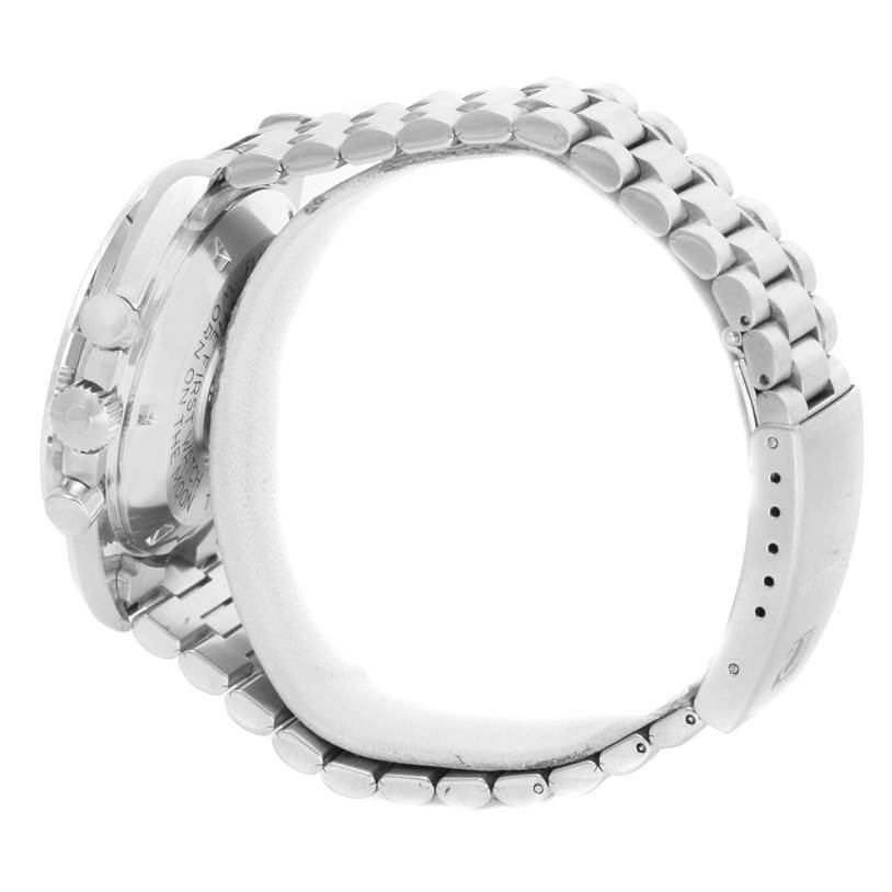 The image shows a side view of the Omega Speedmaster 3590.50.00 Men
s Stainless Steel Black Dial 3590.50.00 Men
s Stainless Steel Black Dial watch, highlighting its metal bracelet and clasp.