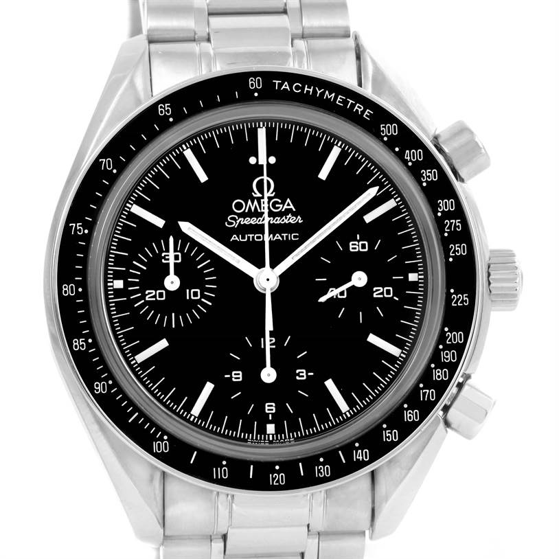 This image shows a front view of an Omega Speedmaster 3539.50.00 Men's Stainless Steel Black Dial 3539.50.00 Men's Stainless Steel Black Dial watch, highlighting its dial, tachymeter bezel, and stainless steel bracelet.