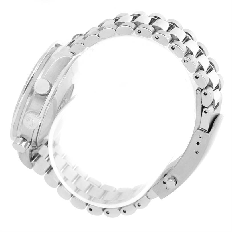 This image shows a side view of an Omega Speedmaster 3539.50.00 Men's Stainless Steel Black Dial 3539.50.00 Men's Stainless Steel Black Dial watch, highlighting the stainless steel bracelet and pushers on the case.