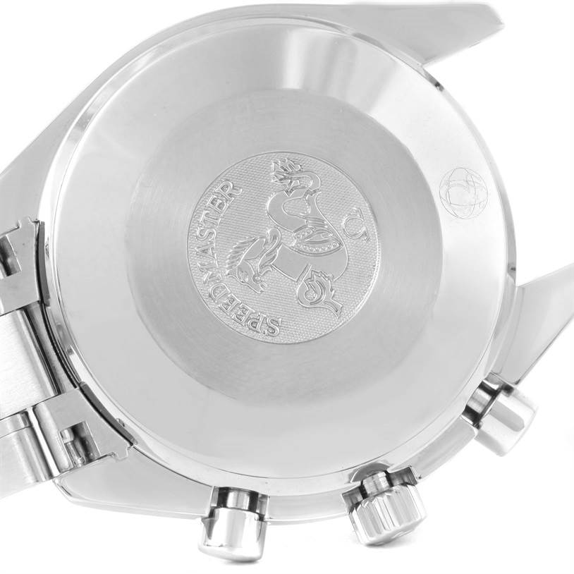 The image shows the back case and part of the bracelet of an Omega Speedmaster 3539.50.00 Men's Stainless Steel Black Dial 3539.50.00 Men's Stainless Steel Black Dial watch.