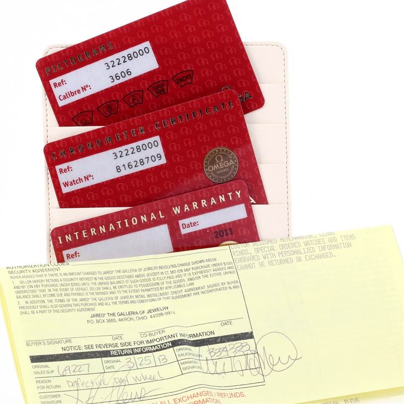 The image shows warranty cards and certification documents for an Omega Speedmaster 3222.80.00 Men
s Stainless Steel Blue Dial 3222.80.00 Men
s Stainless Steel Blue Dial watch.