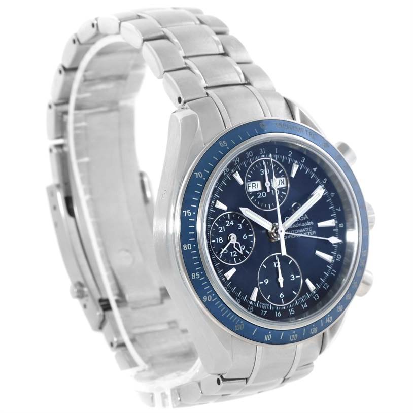 The image shows an Omega Speedmaster 3222.80.00 Men
s Stainless Steel Blue Dial 3222.80.00 Men
s Stainless Steel Blue Dial watch angled to display the face, bezel, and bracelet clearly.