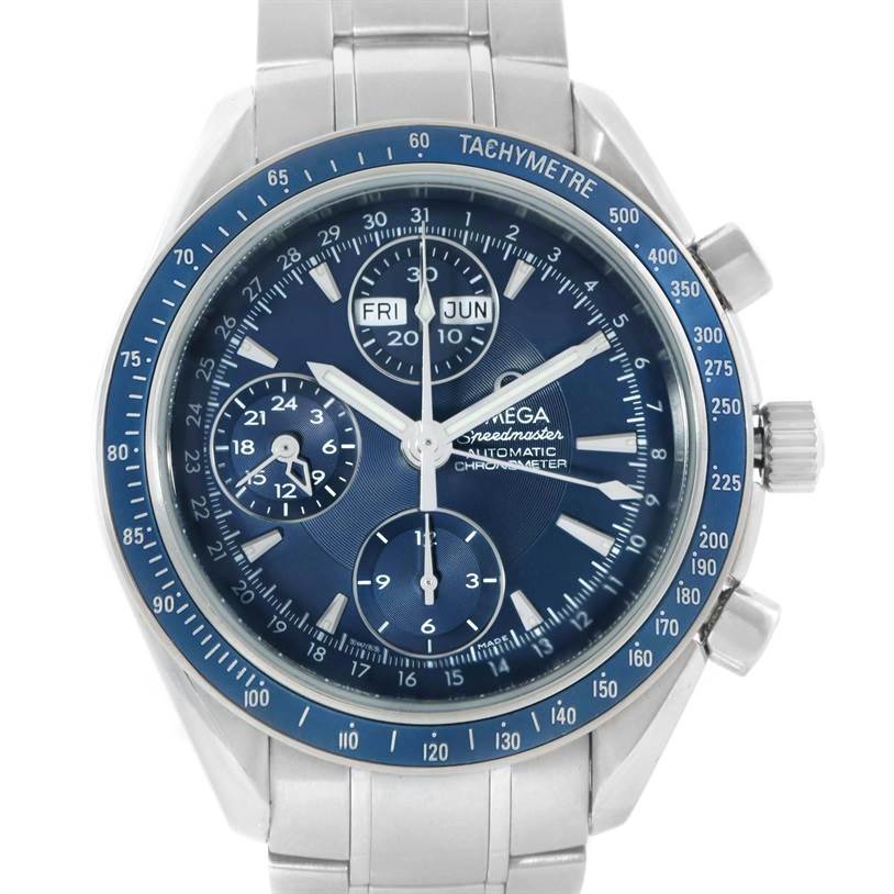 The image shows the Omega Speedmaster 3222.80.00 Men
s Stainless Steel Blue Dial 3222.80.00 Men
s Stainless Steel Blue Dial watch from the front angle, displaying the dial, subdials, tachymeter bezel, and bracelet.