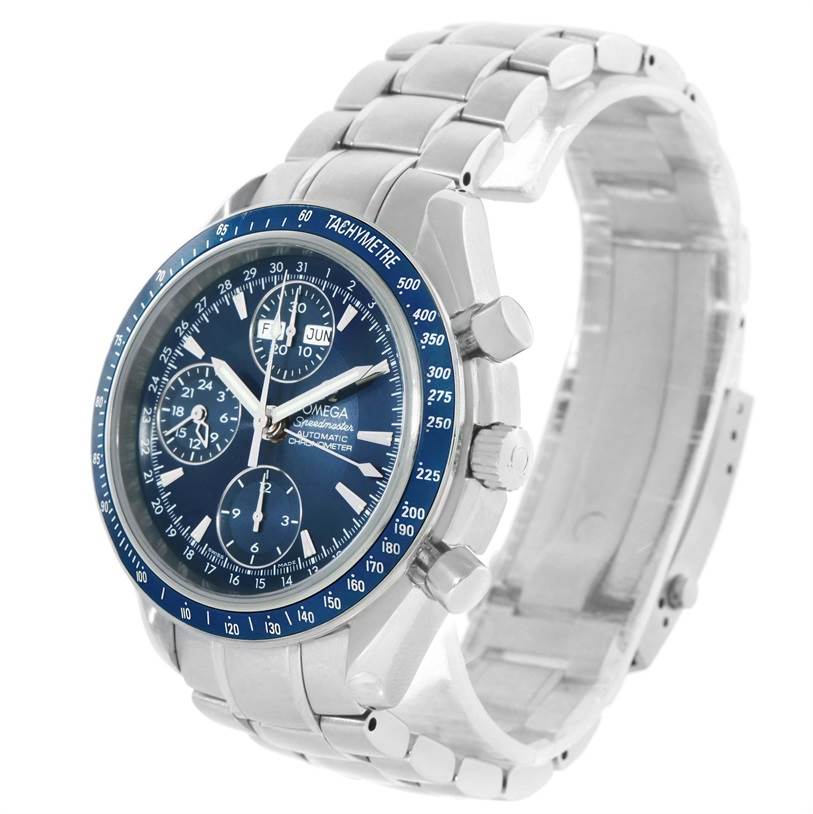 The image shows an Omega Speedmaster 3222.80.00 Men
s Stainless Steel Blue Dial 3222.80.00 Men
s Stainless Steel Blue Dial watch at an angle highlighting its dial, tachymeter bezel, pushers, and stainless steel bracelet.