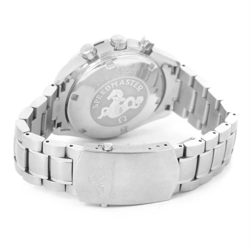 This image shows a rear view of the Omega Speedmaster 3222.80.00 Men
s Stainless Steel Blue Dial 3222.80.00 Men
s Stainless Steel Blue Dial watch, highlighting the case back, bracelet, and clasp.