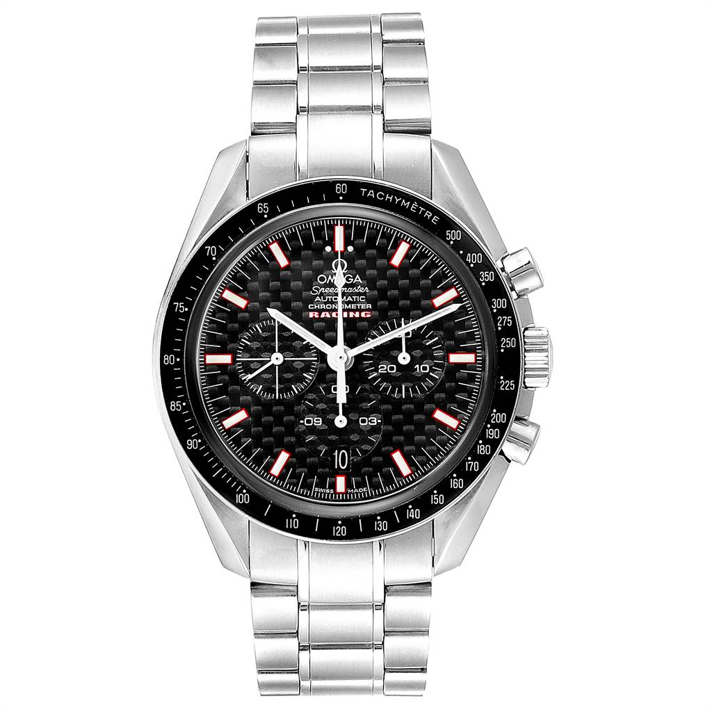 The image shows a front view of an Omega Speedmaster 3552.59.00 Men
s Stainless Steel Black Dial 3552.59.00 Men
s Stainless Steel Black Dial watch with a metal strap, chronograph dials, and tachymeter bezel.