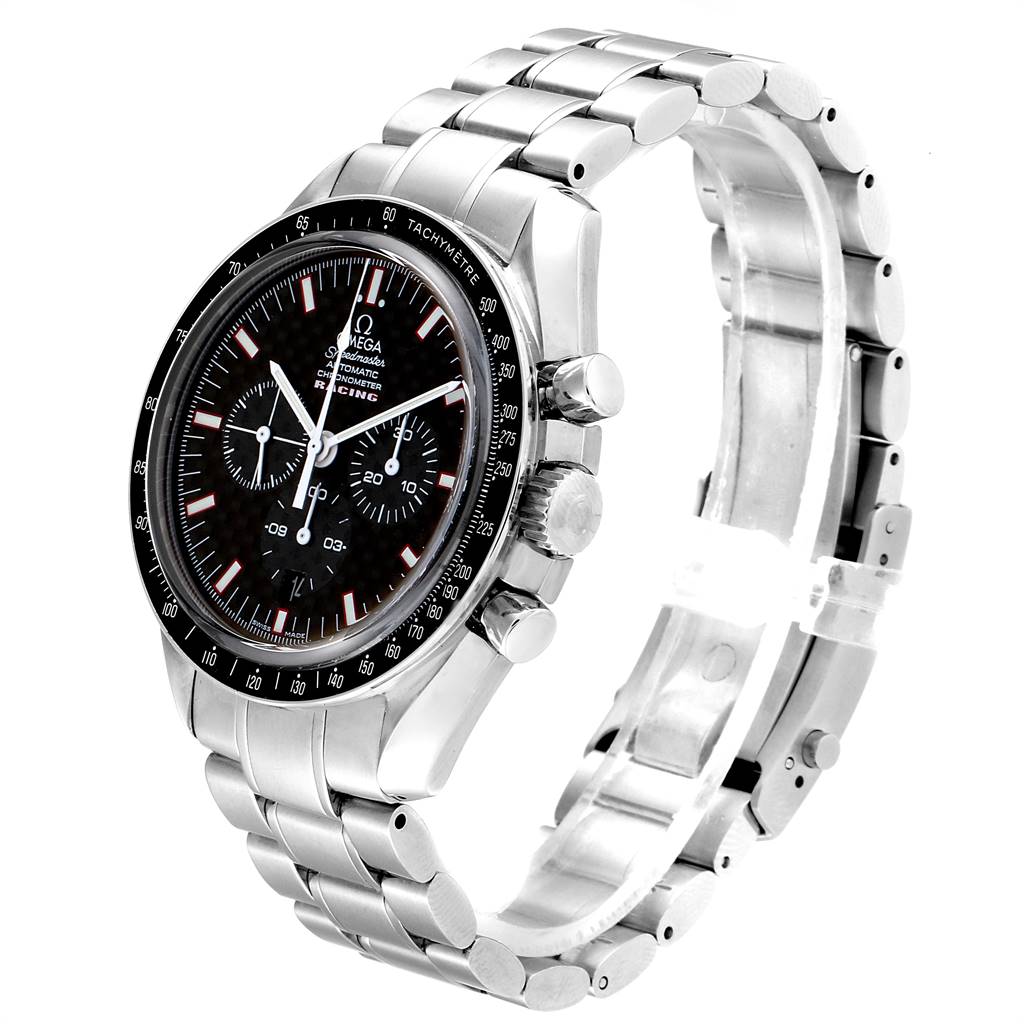 The Omega Speedmaster 3552.59.00 Men
s Stainless Steel Black Dial 3552.59.00 Men
s Stainless Steel Black Dial watch is shown from a 3/4 angle, highlighting the face, bezel, chronograph buttons, and bracelet.