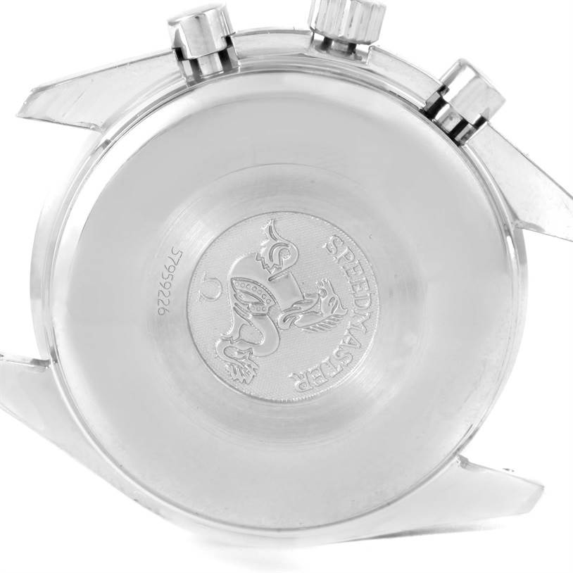 This image shows the case back and pushers of an Omega Speedmaster 3520.50.00 Men
s Stainless Steel Black Dial 3520.50.00 Men
s Stainless Steel Black Dial watch.