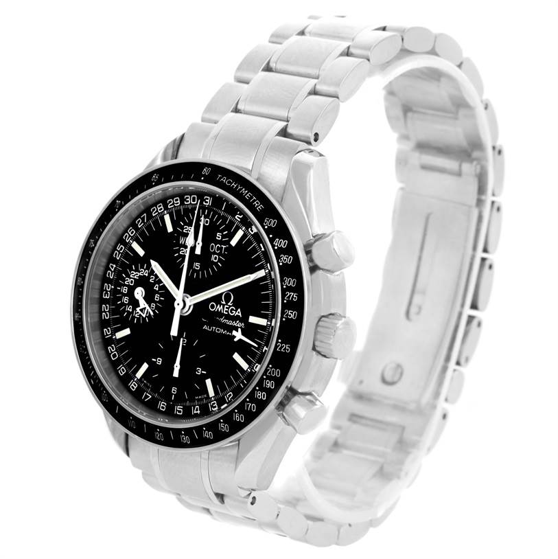 The Omega Speedmaster 3520.50.00 Men
s Stainless Steel Black Dial 3520.50.00 Men
s Stainless Steel Black Dial watch is shown at a three-quarter angle, displaying the face, bezel, crown, pushers, and metal bracelet.