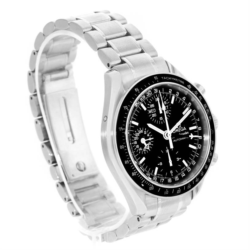 The image shows an Omega Speedmaster 3520.50.00 Men
s Stainless Steel Black Dial 3520.50.00 Men
s Stainless Steel Black Dial watch at a 3/4 angle, highlighting its stainless steel bracelet and black dial.
