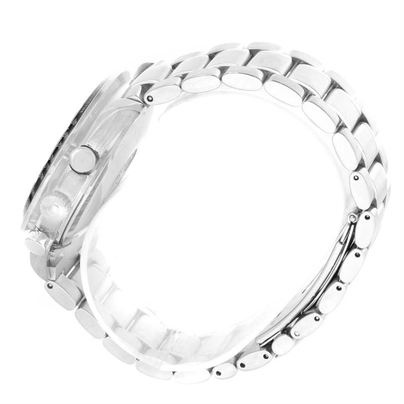 The image shows the side view of an Omega Speedmaster 3520.50.00 Men
s Stainless Steel Black Dial 3520.50.00 Men
s Stainless Steel Black Dial watch, highlighting the case, crown, and stainless steel bracelet.