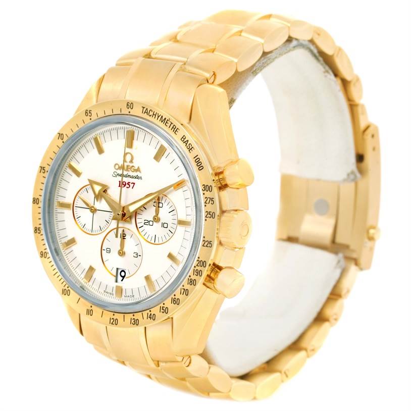 The Omega Speedmaster 321.50.42.50.02.001 Men's Yellow Gold Silver Dial 321.50.42.50.02.001 Men's Yellow Gold Silver Dial watch is shown at a slight angle, displaying the face, bezel, chronograph sub-dials, and part of the bracelet.