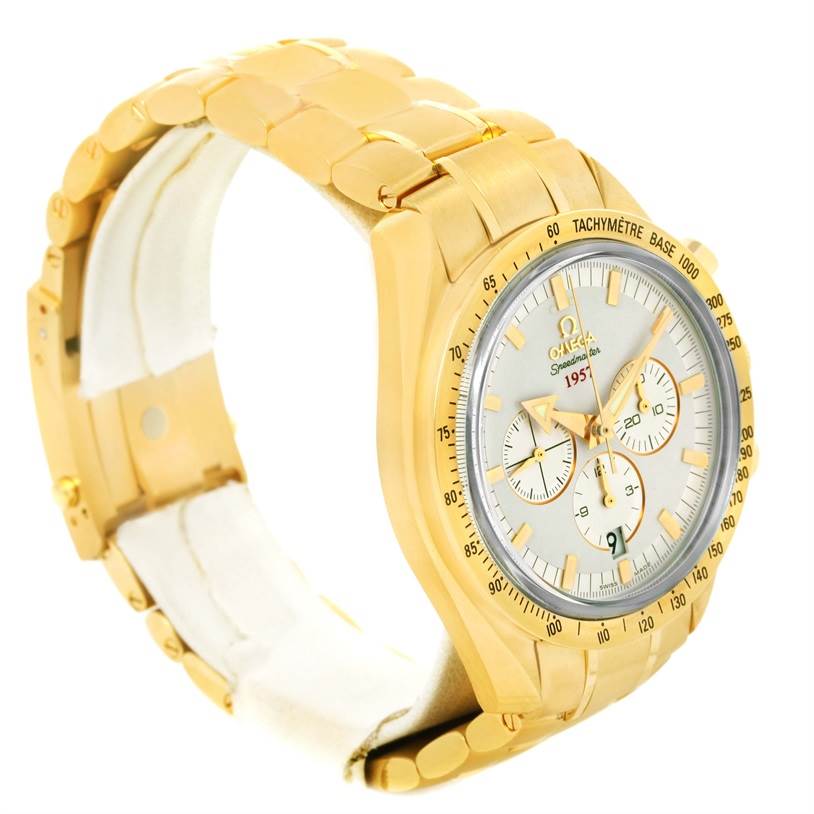 The Omega Speedmaster 321.50.42.50.02.001 Men's Yellow Gold Silver Dial 321.50.42.50.02.001 Men's Yellow Gold Silver Dial is shown from a front-left angle, highlighting the bezel, dial, and gold bracelet.