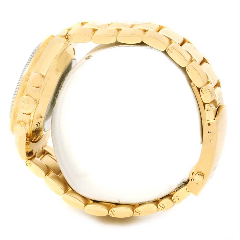 The image shows the side view and bracelet of an Omega Speedmaster 321.50.42.50.02.001 Men's Yellow Gold Silver Dial 321.50.42.50.02.001 Men's Yellow Gold Silver Dial watch in gold.