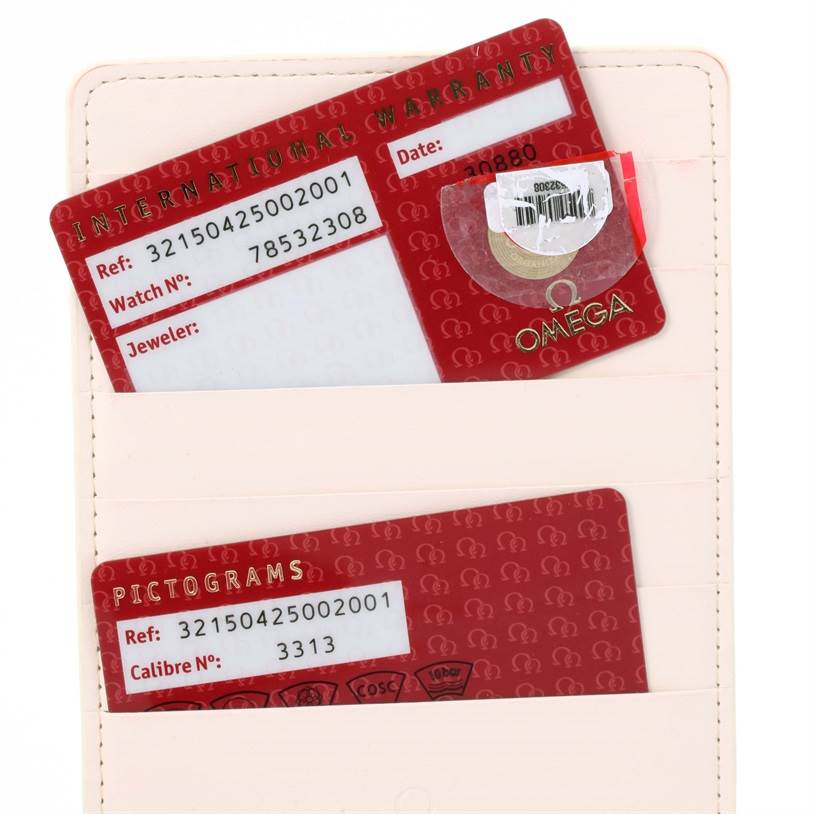 The image shows the warranty and pictogram cards for the Omega Speedmaster 321.50.42.50.02.001 Men's Yellow Gold Silver Dial 321.50.42.50.02.001 Men's Yellow Gold Silver Dial watch.